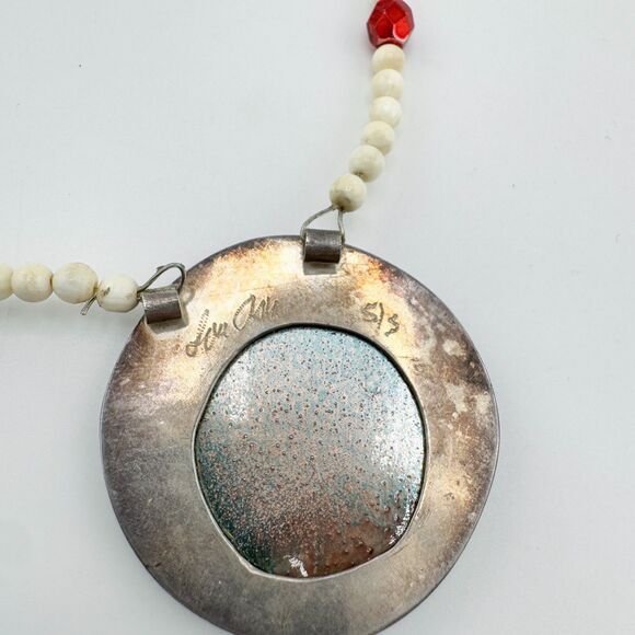 Vintage Handmade Enamel Sterling Silver Artisan Mother of Pearl Bead Necklace - Picture 11 of 14